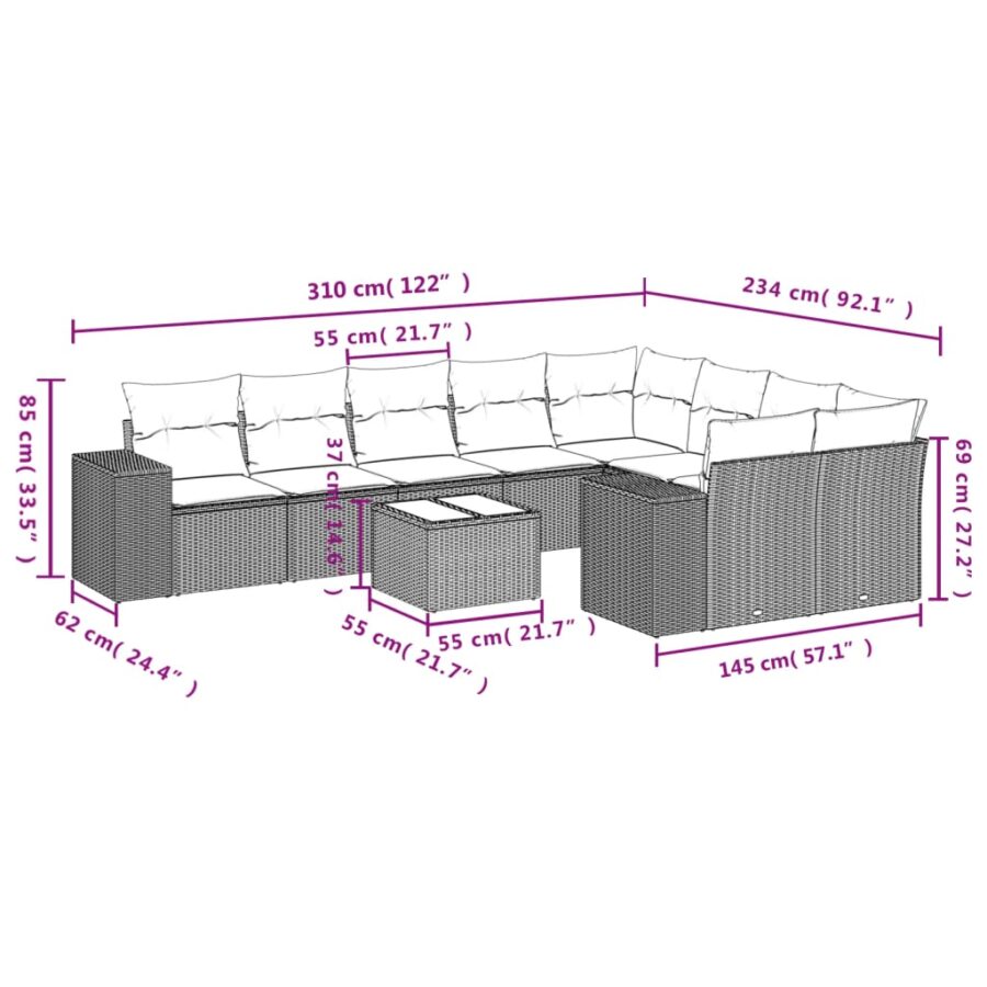 10-delige Loungeset met kussens poly rattan beige - Afbeelding 3