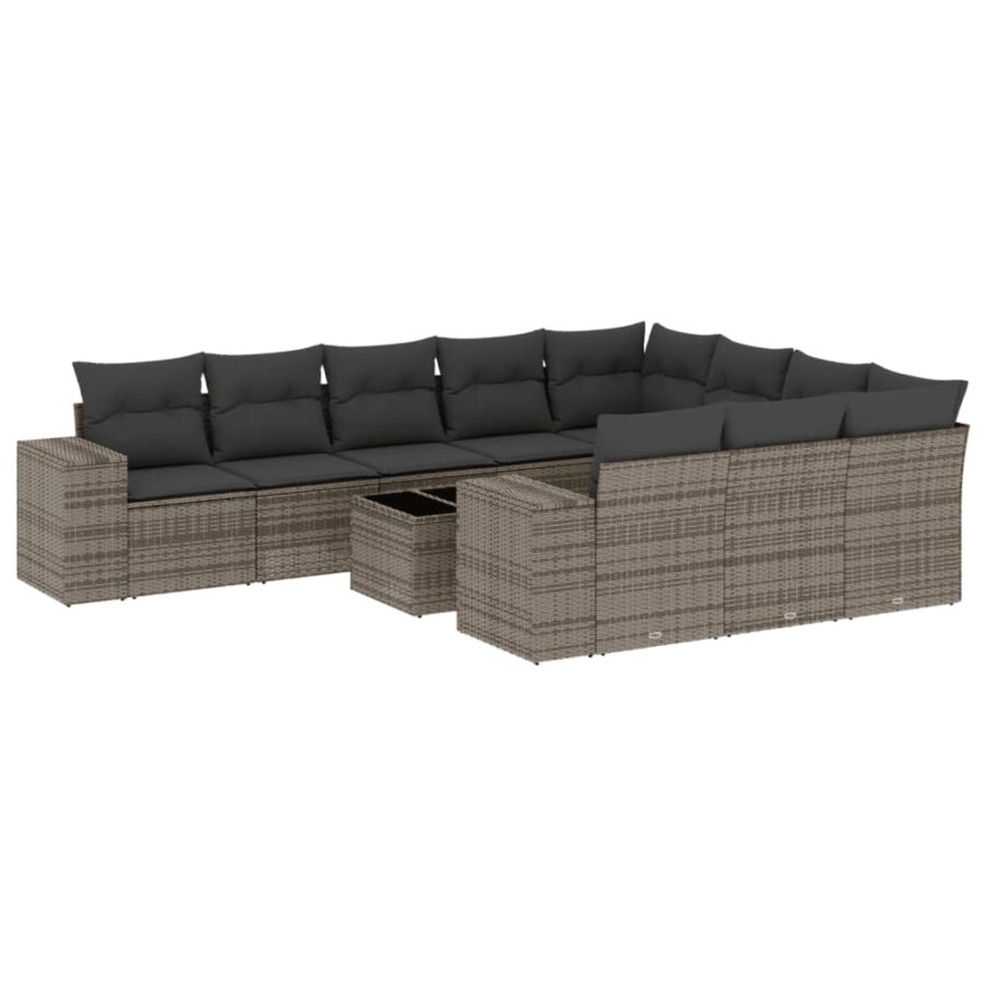 11-delige Loungeset met kussens poly rattan grijs - Afbeelding 2