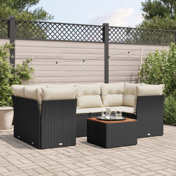 7-delige Loungeset met kussens poly rattan zwart