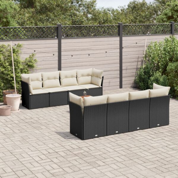 9-delige Loungeset met kussens poly rattan zwart
