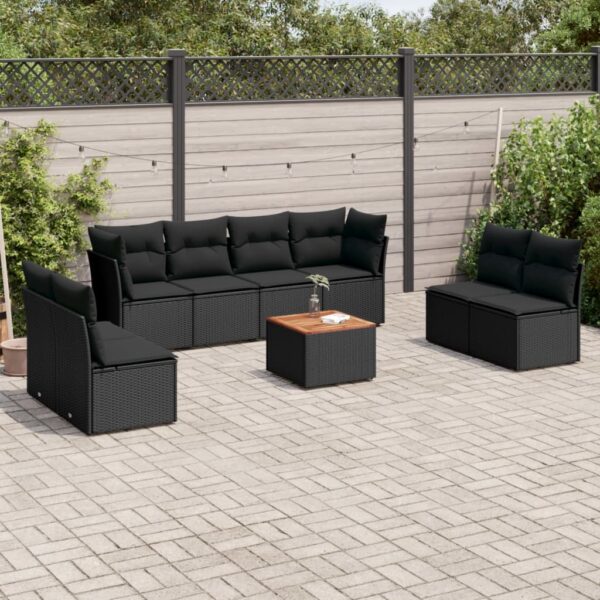 9-delige Loungeset met kussens poly rattan zwart