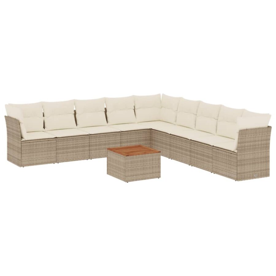 10-delige Loungeset met kussens poly rattan beige - Afbeelding 2
