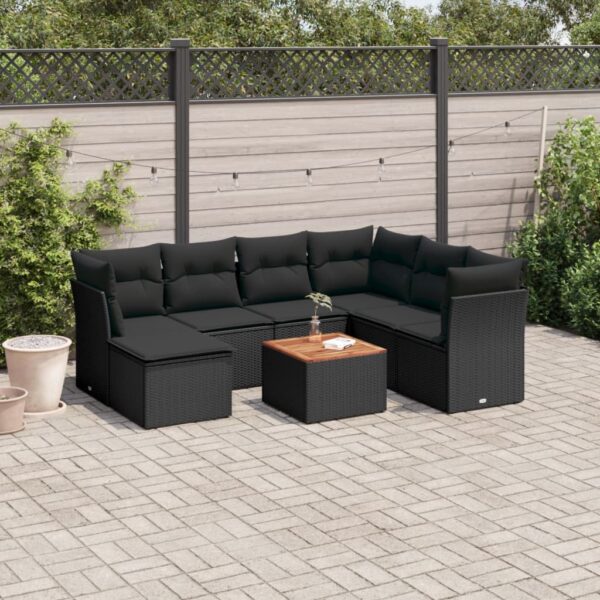 8-delige Loungeset met kussens poly rattan zwart