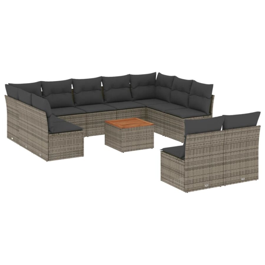 12-delige Loungeset met kussens poly rattan grijs - Afbeelding 2