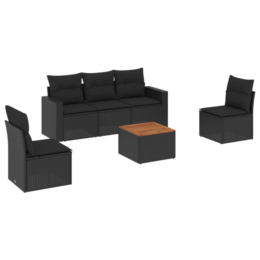 6-delige Loungeset met kussens poly rattan zwart - Afbeelding 2