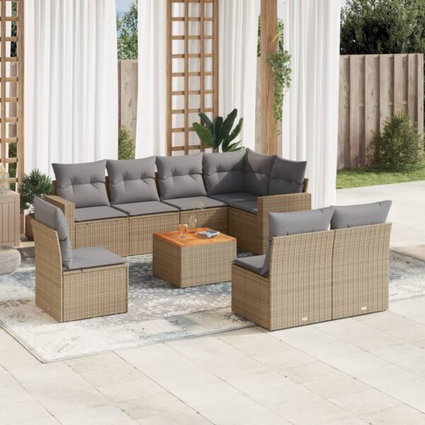 9-delige Loungeset met kussens poly rattan gemengd beige