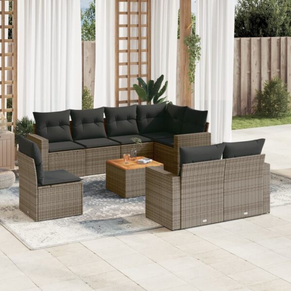 9-delige Loungeset met kussens poly rattan grijs