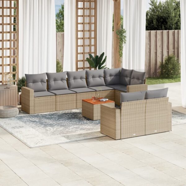 9-delige Loungeset met kussens poly rattan gemengd beige