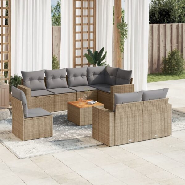 9-delige Loungeset met kussens poly rattan gemengd beige