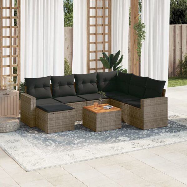 8-delige Loungeset met kussens poly rattan grijs