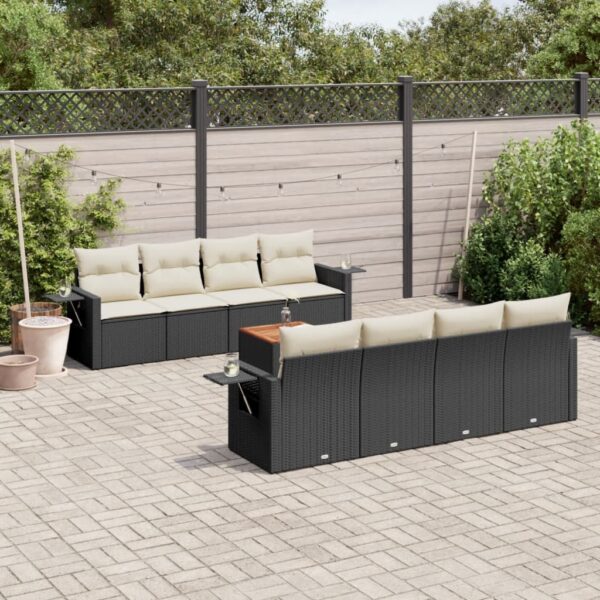 9-delige Loungeset met kussens poly rattan zwart
