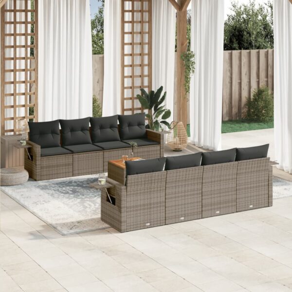 9-delige Loungeset met kussens poly rattan grijs