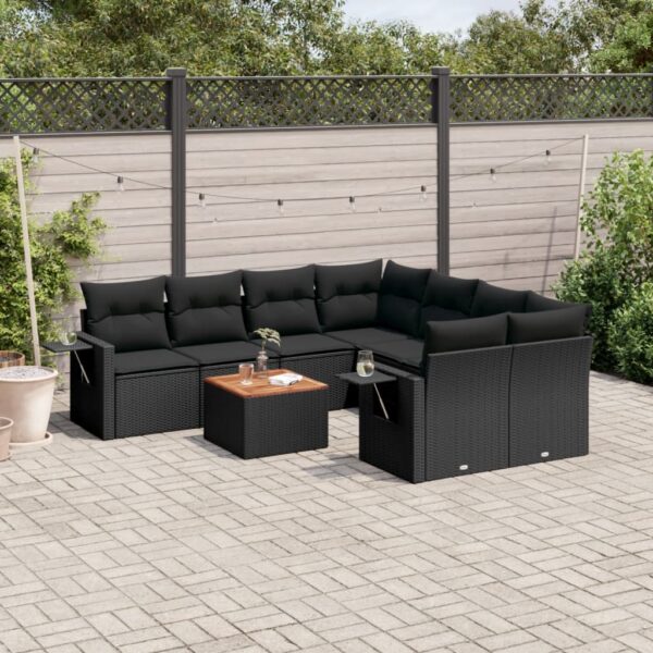 9-delige Loungeset met kussens poly rattan zwart