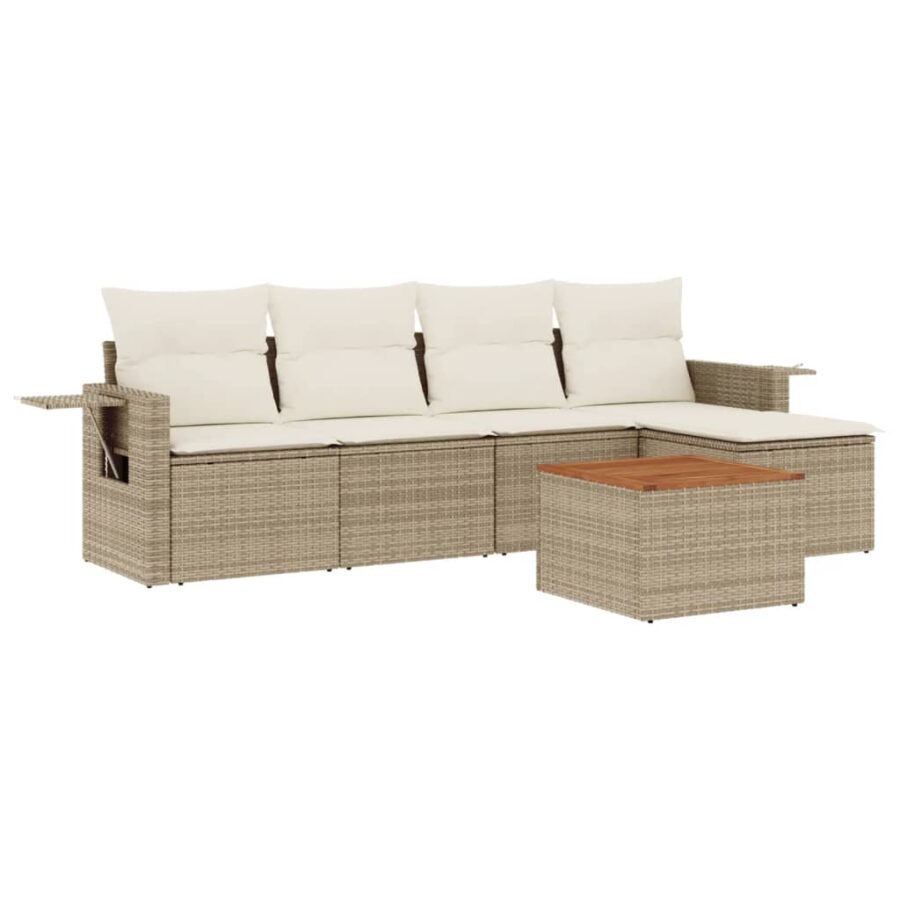 6-delige Loungeset met kussens poly rattan beige - Afbeelding 2