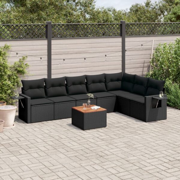 8-delige Loungeset met kussens poly rattan zwart
