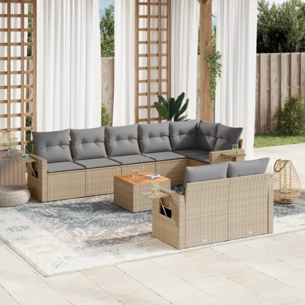 9-delige Loungeset met kussens poly rattan gemengd beige