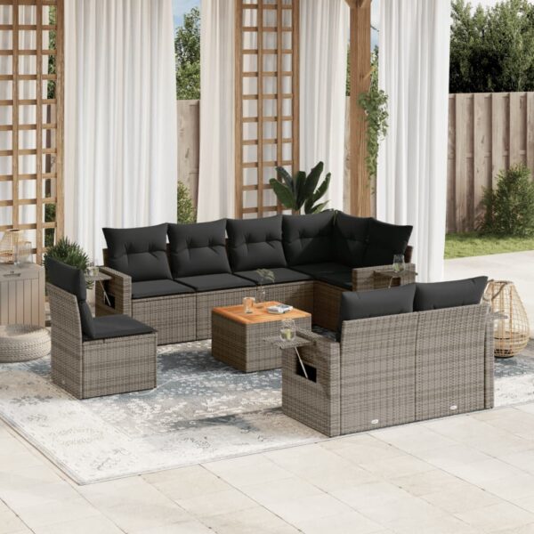 9-delige Loungeset met kussens poly rattan grijs