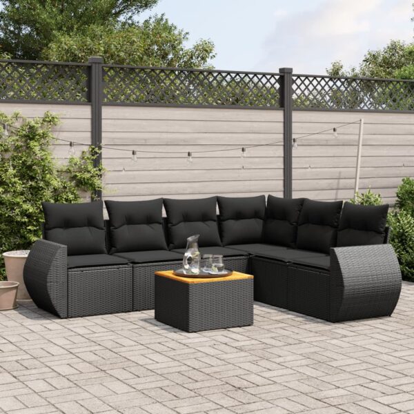 7-delige Loungeset met kussens poly rattan zwart