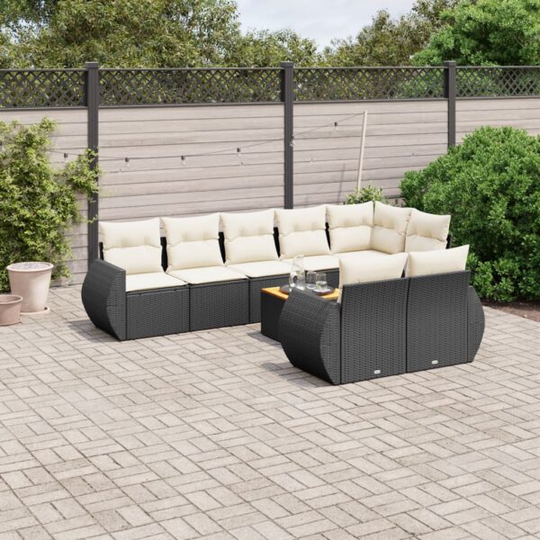 9-delige Loungeset met kussens poly rattan zwart