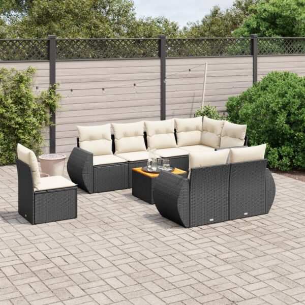 9-delige Loungeset met kussens poly rattan zwart