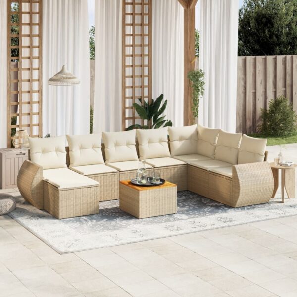 9-delige Loungeset met kussens poly rattan beige
