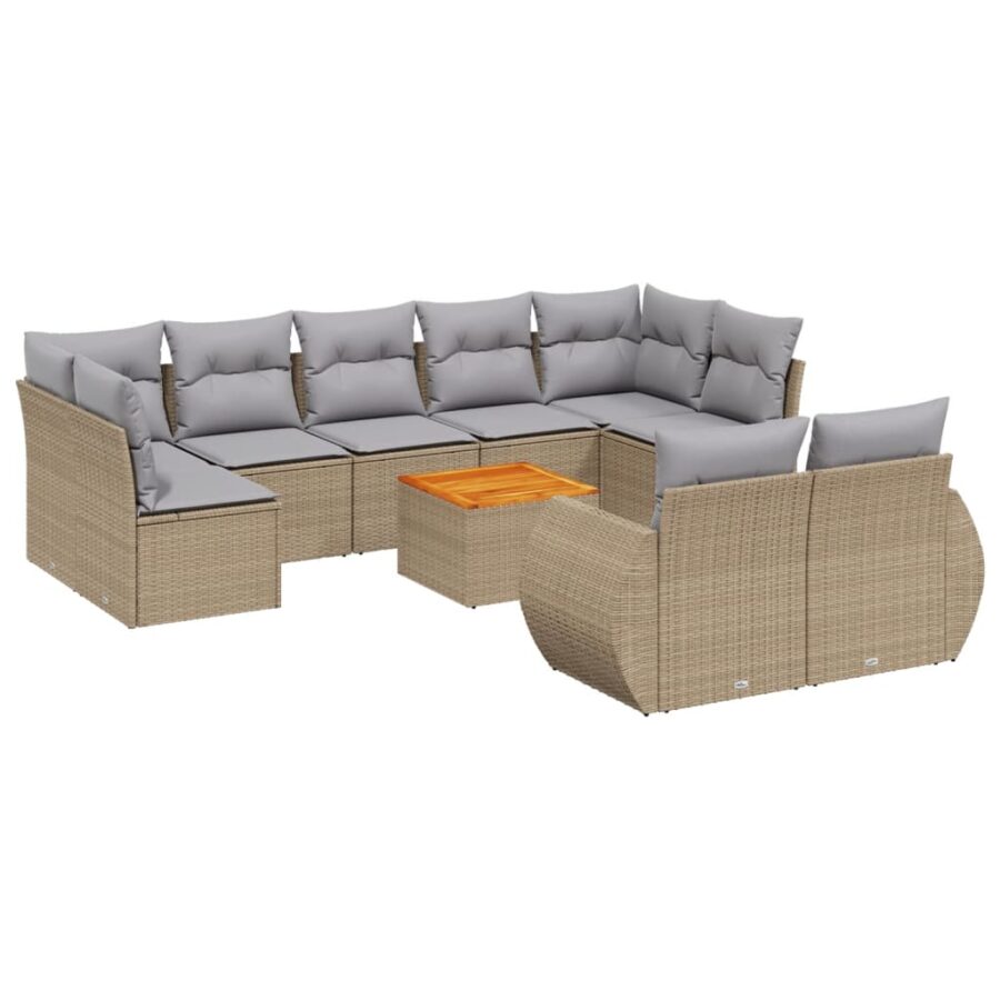 10-delige Loungeset met kussens poly rattan beige - Afbeelding 2