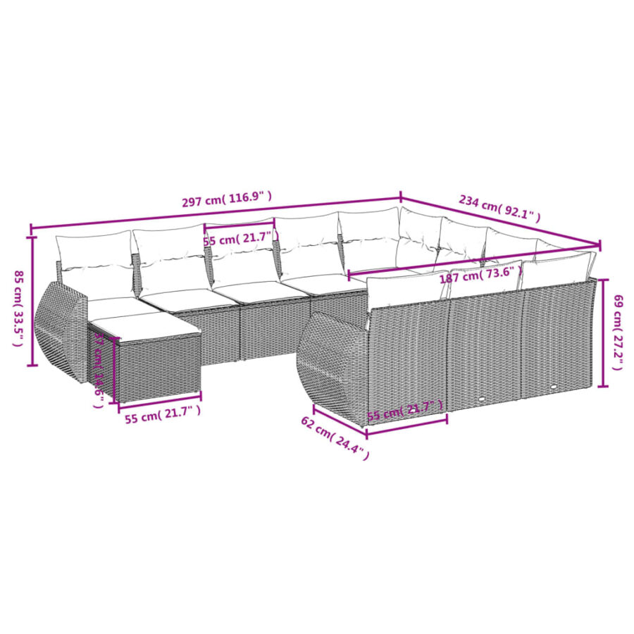 11-delige Loungeset met kussens poly rattan grijs - Afbeelding 3