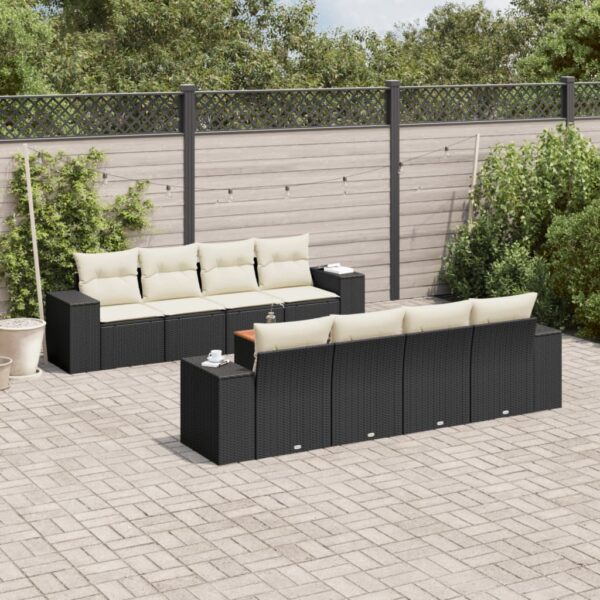 9-delige Loungeset met kussens poly rattan zwart