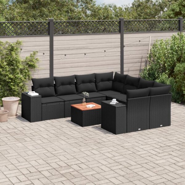 9-delige Loungeset met kussens poly rattan zwart