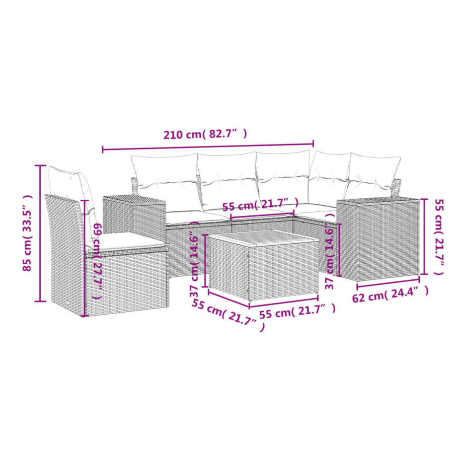 6-delige Loungeset met kussens poly rattan zwart - Afbeelding 3