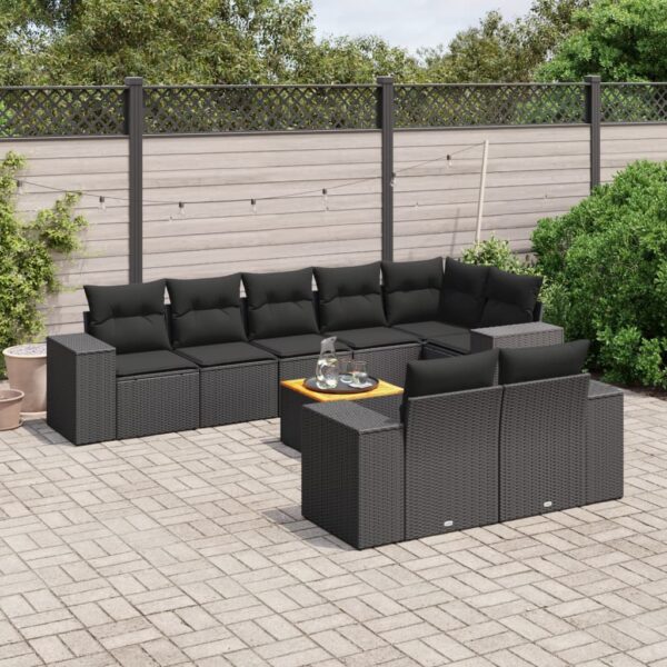 9-delige Loungeset met kussens poly rattan zwart