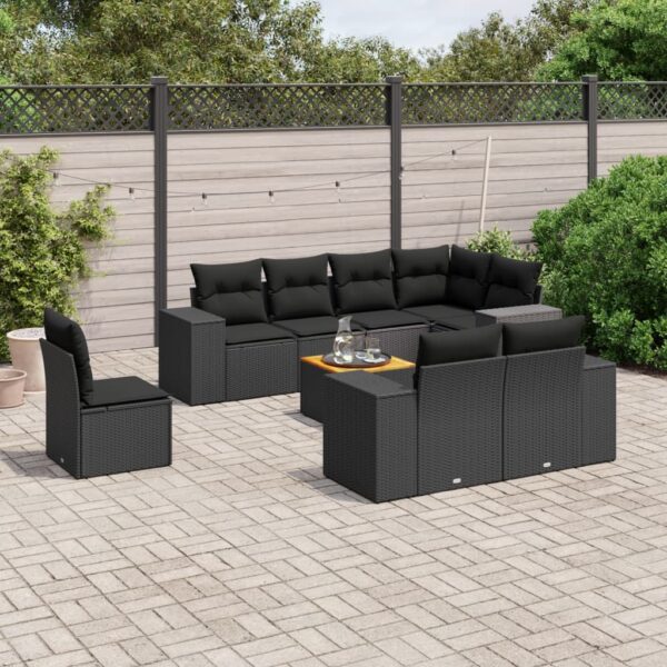9-delige Loungeset met kussens poly rattan zwart