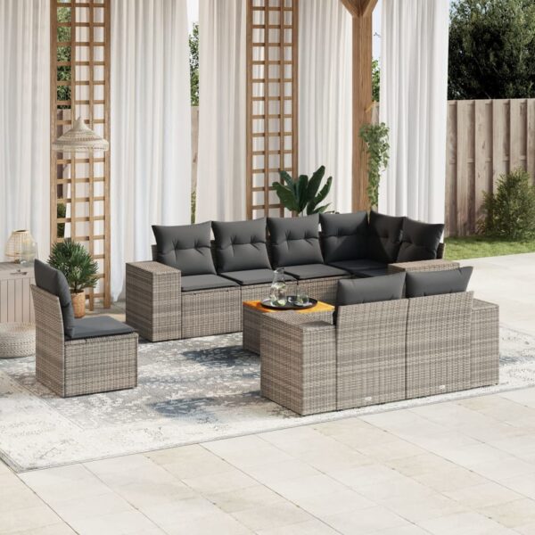 9-delige Loungeset met kussens poly rattan grijs