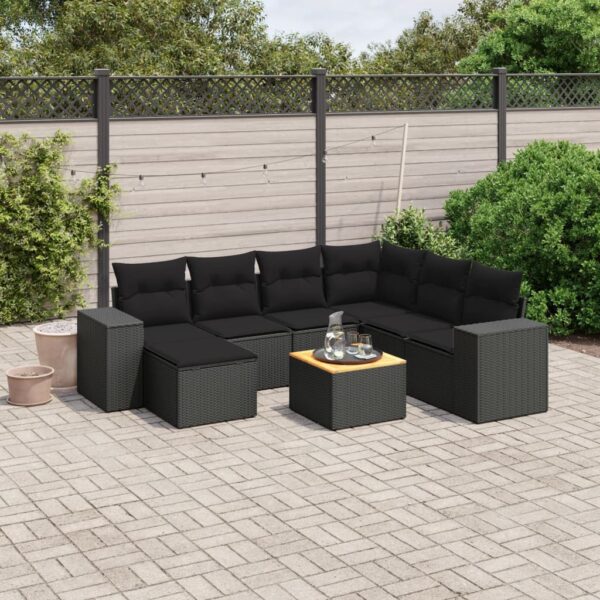 8-delige Loungeset met kussens poly rattan zwart