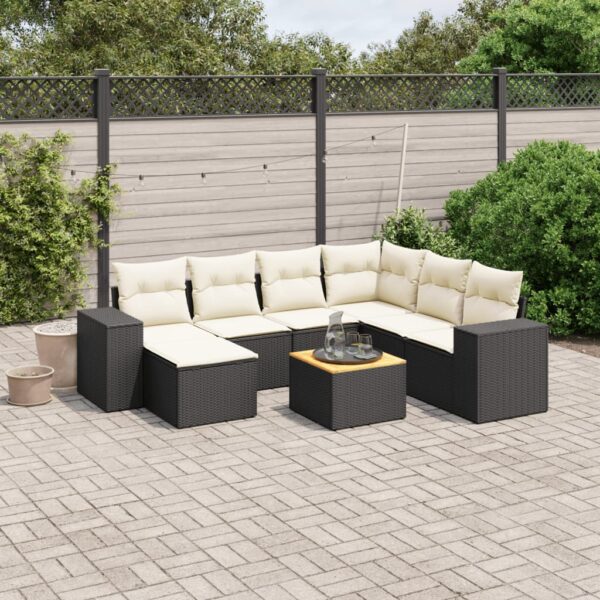 8-delige Loungeset met kussens poly rattan zwart