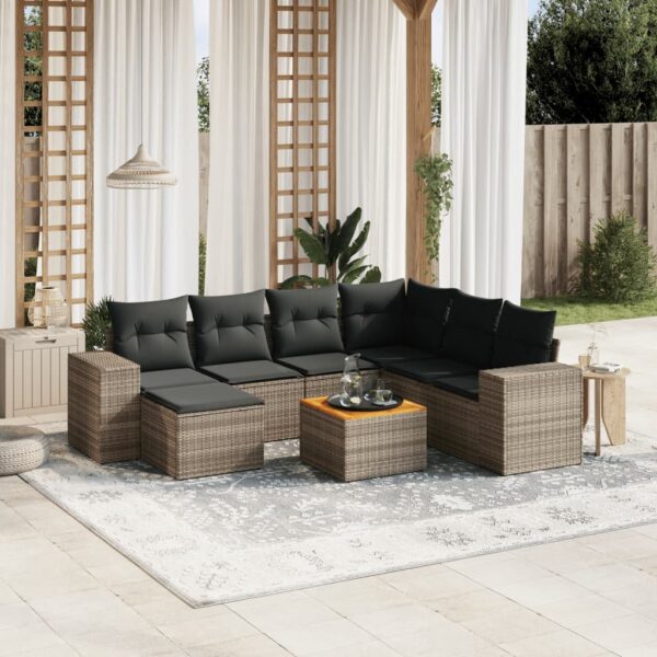 8-delige Loungeset met kussens poly rattan grijs