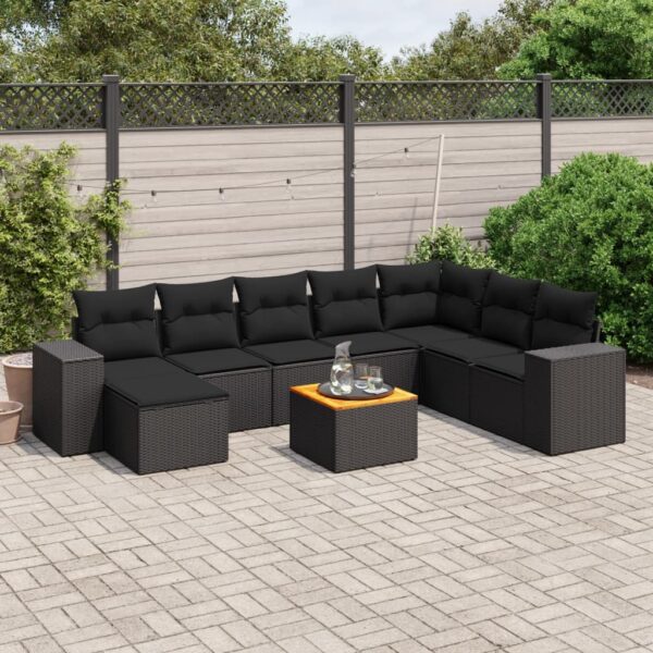 9-delige Loungeset met kussens poly rattan zwart
