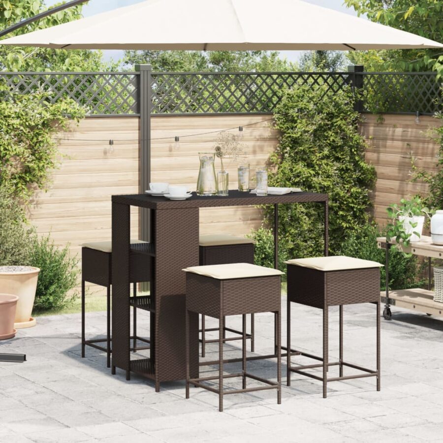 5-delige Tuinbarset met kussens poly rattan bruin - Afbeelding 3