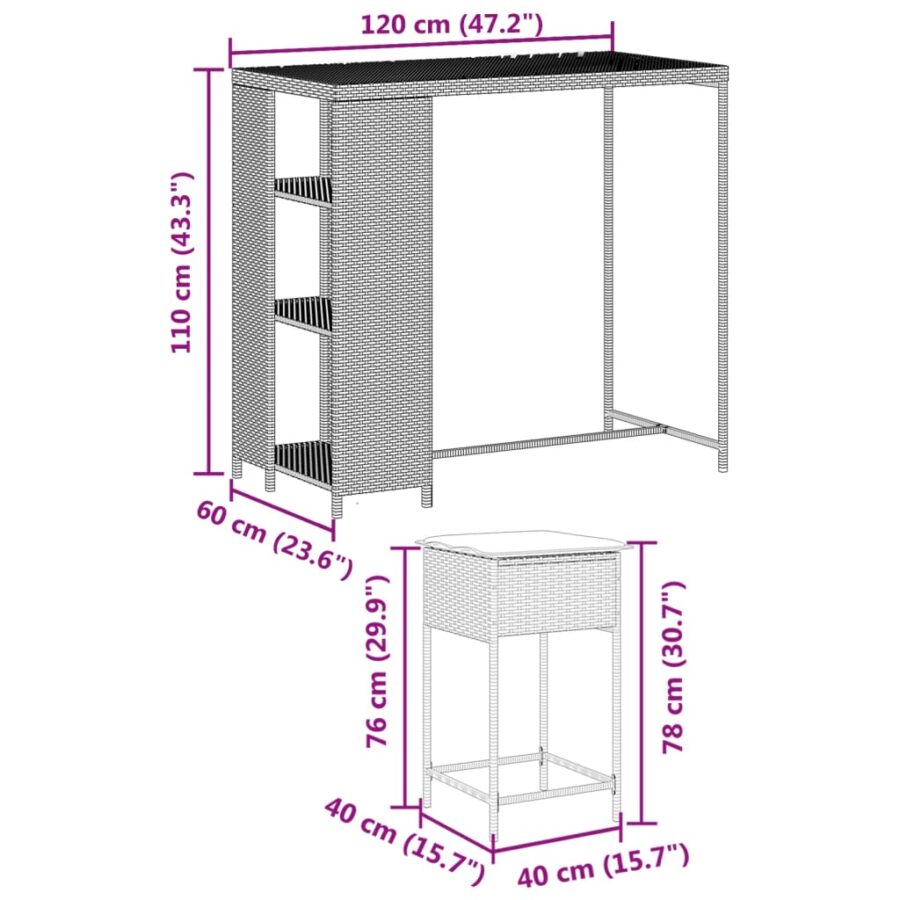 5-delige Tuinbarset met kussens poly rattan bruin - Afbeelding 8