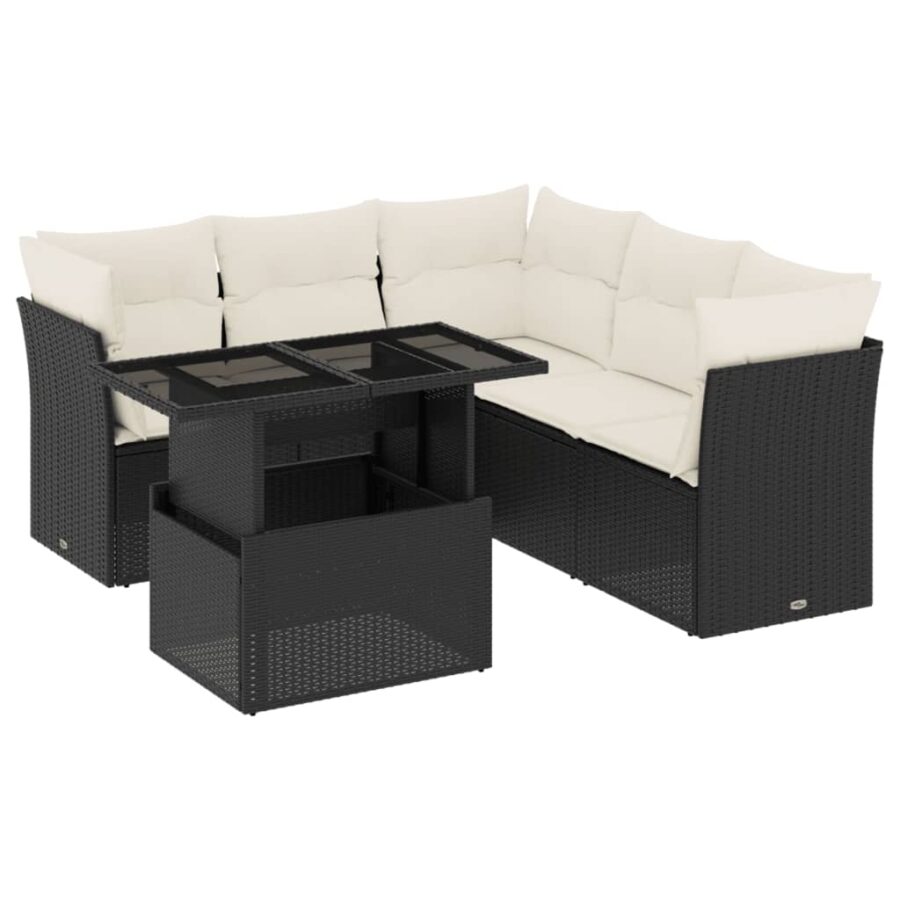 6-delige Loungeset met kussens poly rattan zwart - Afbeelding 2
