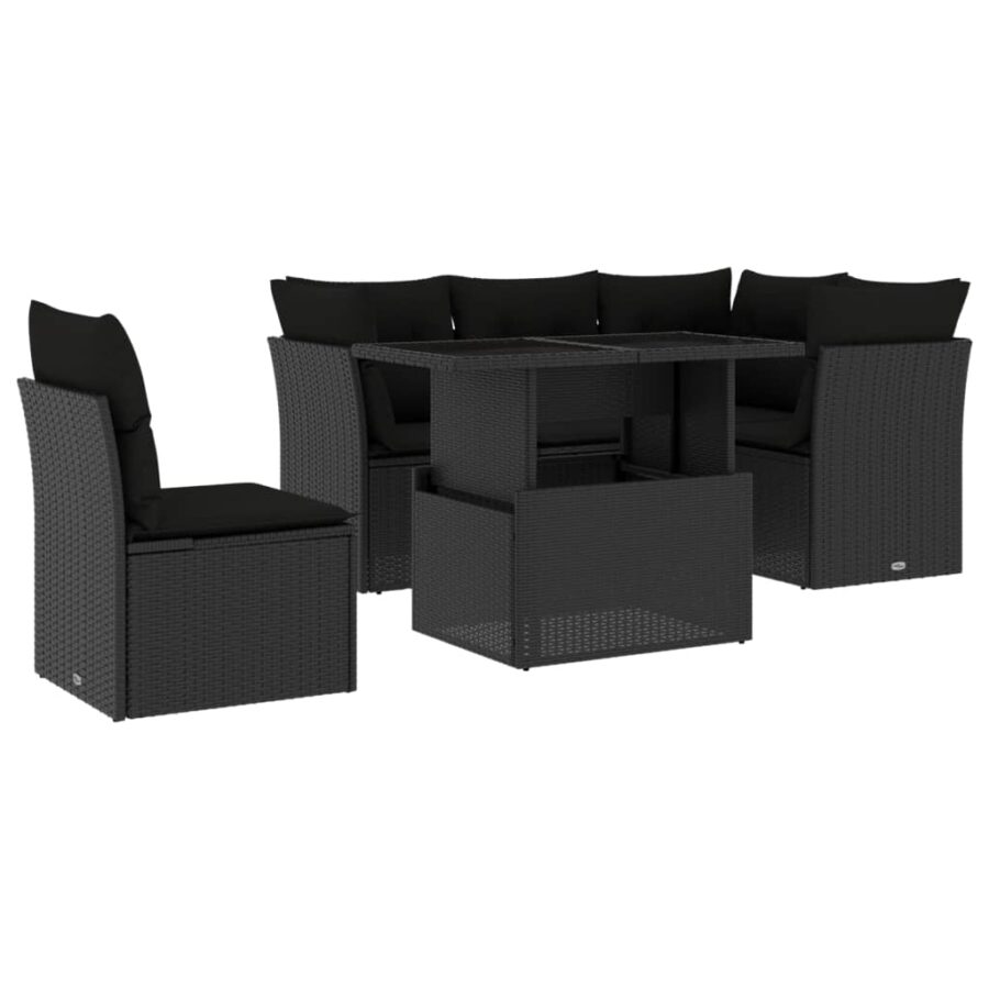 6-delige Loungeset met kussens poly rattan zwart - Afbeelding 2