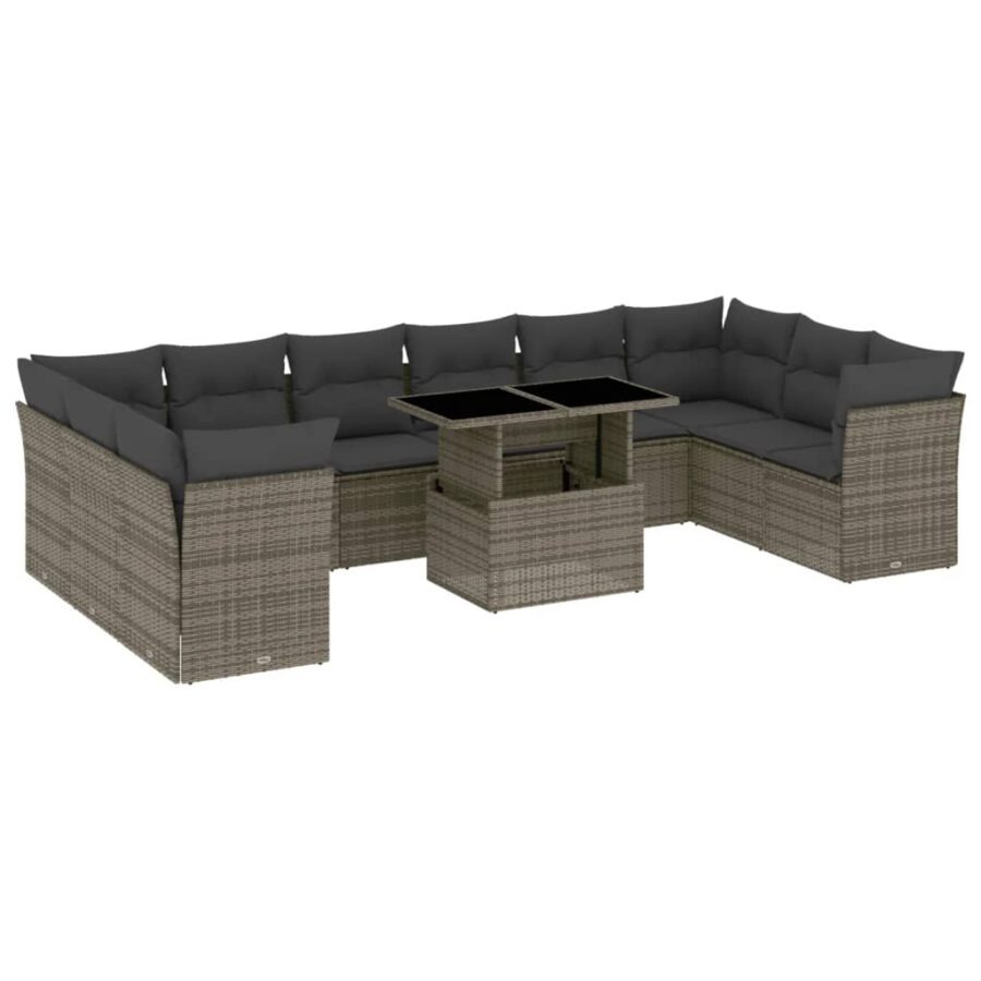 11-delige Loungeset met kussens poly rattan grijs - Afbeelding 2