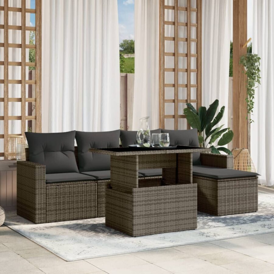 6-delige Loungeset met kussens poly rattan grijs