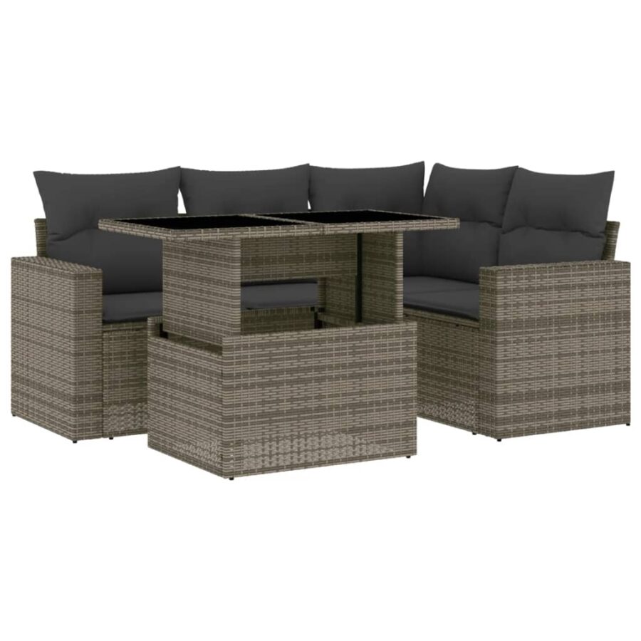 5-delige Loungeset met kussens poly rattan grijs - Afbeelding 2
