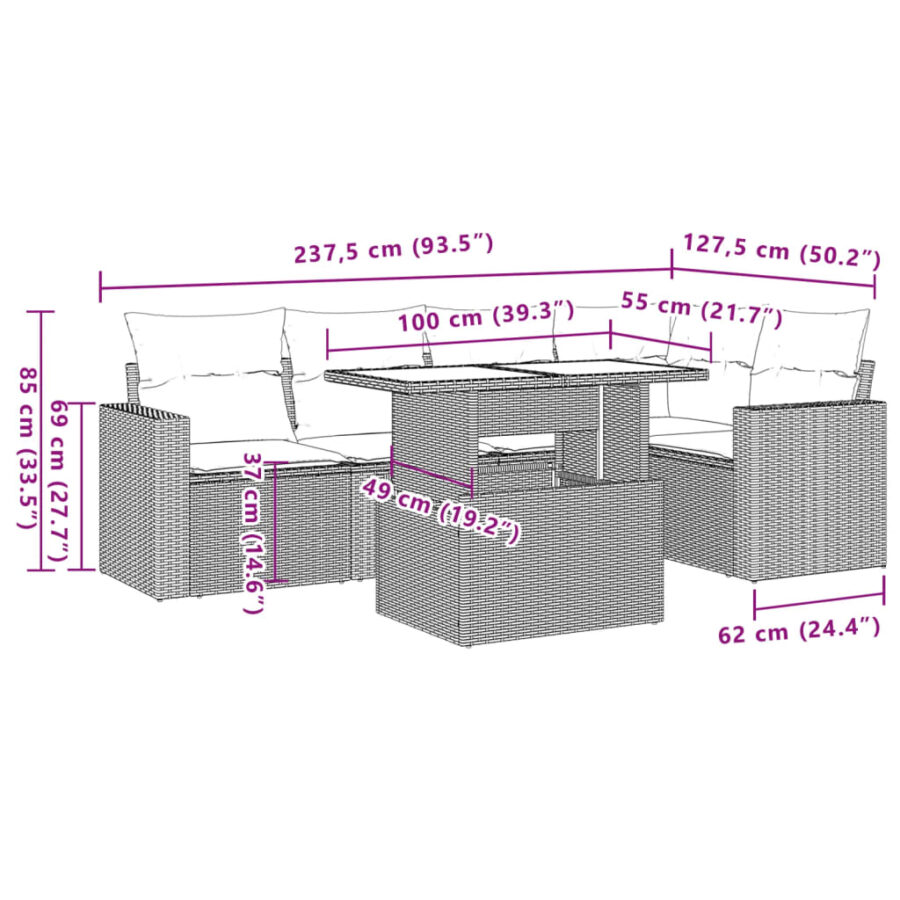 6-delige Loungeset met kussens poly rattan zwart - Afbeelding 10