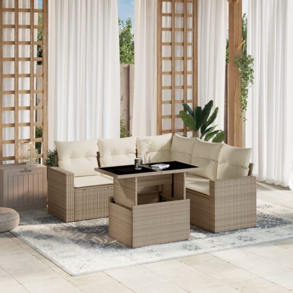 6-delige Loungeset met kussens poly rattan beige