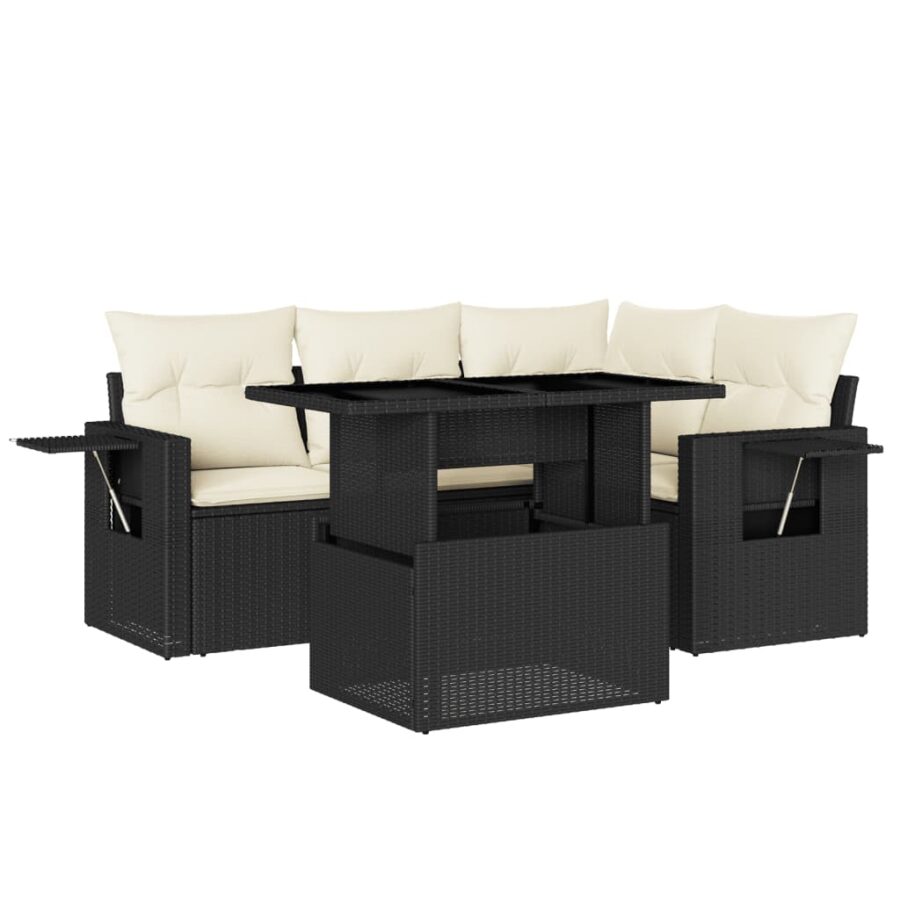 5-delige Loungeset met kussens poly rattan zwart - Afbeelding 2