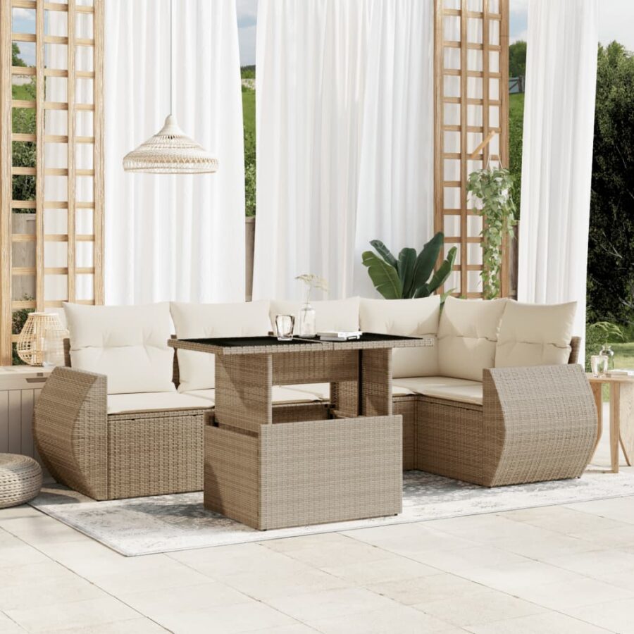 6-delige Loungeset met kussens poly rattan beige