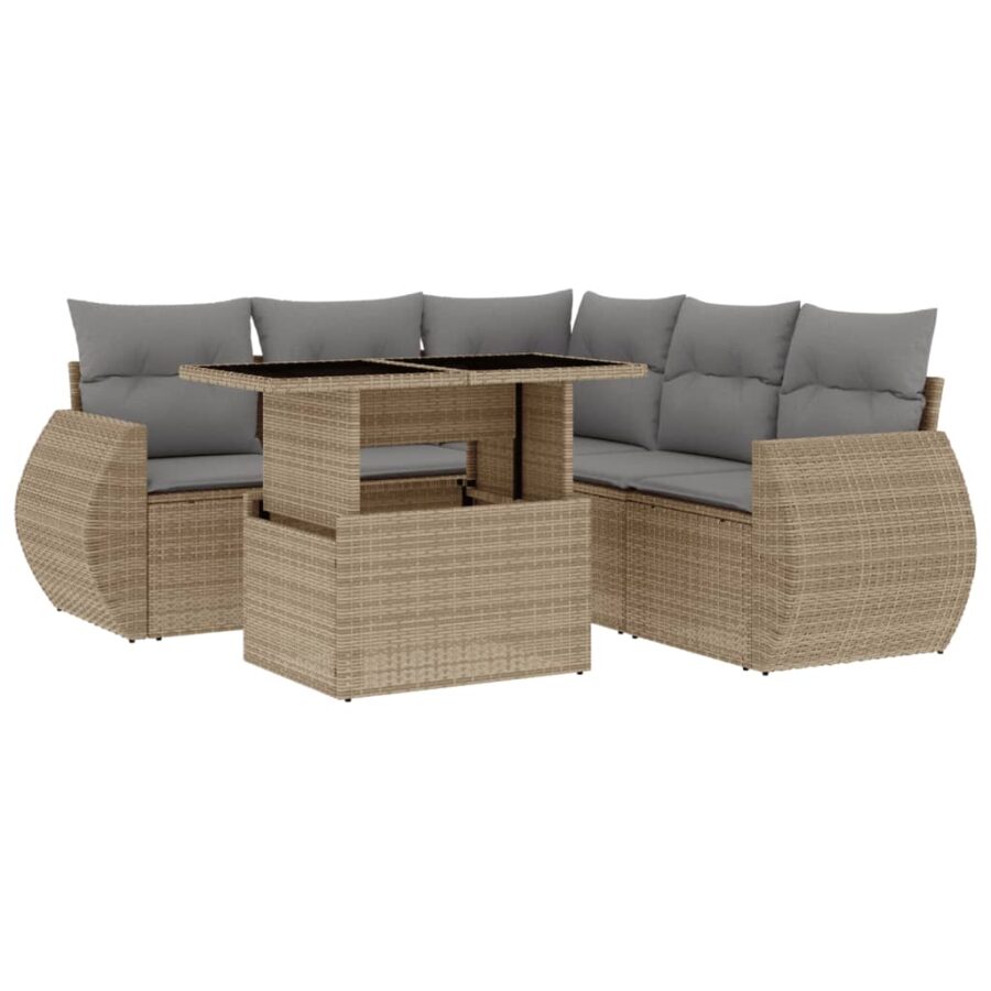 6-delige Loungeset met kussens poly rattan beige - Afbeelding 2