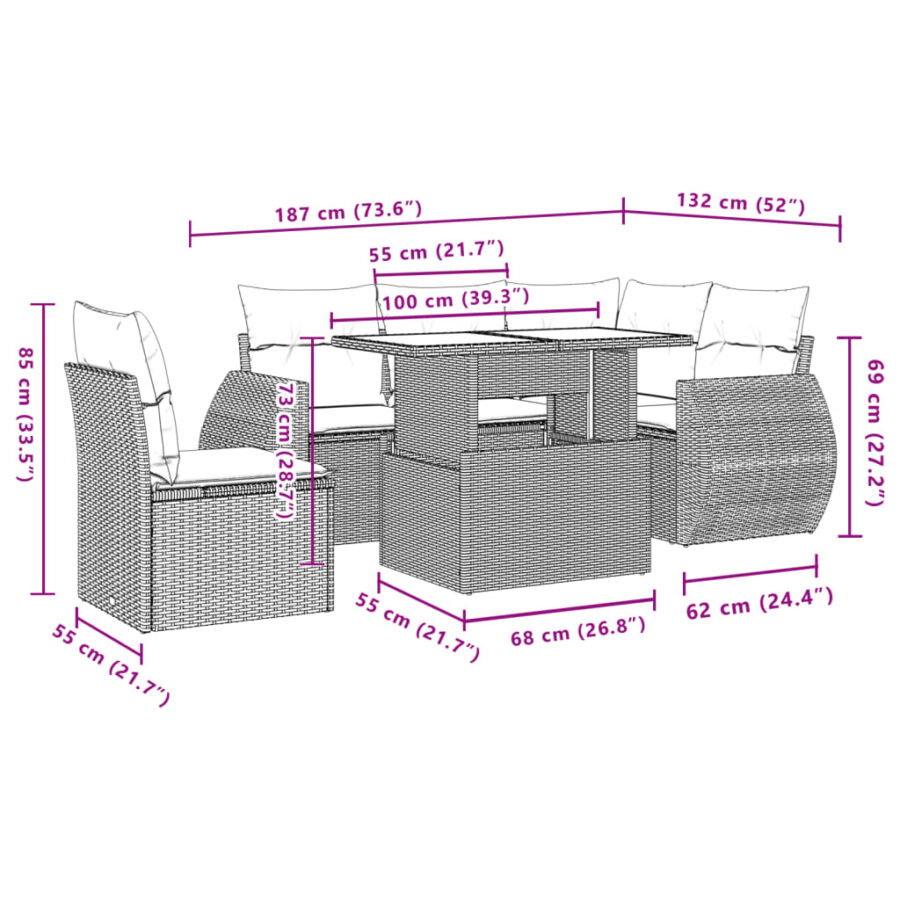 6-delige Loungeset met kussens poly rattan zwart - Afbeelding 10